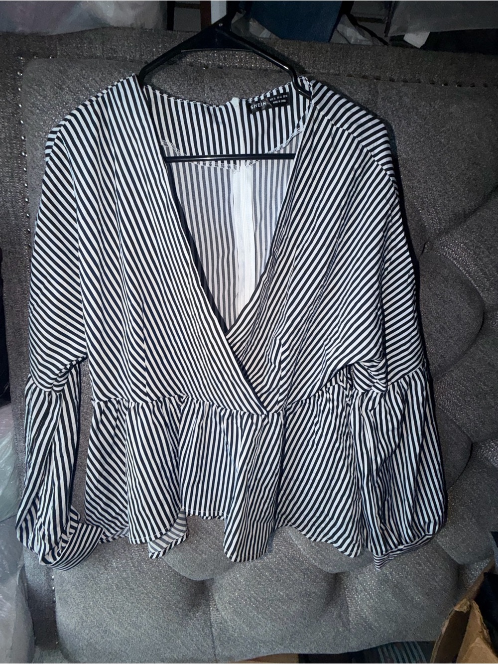 SHEIN Black and White Striped Peplum Wrap Blouse
